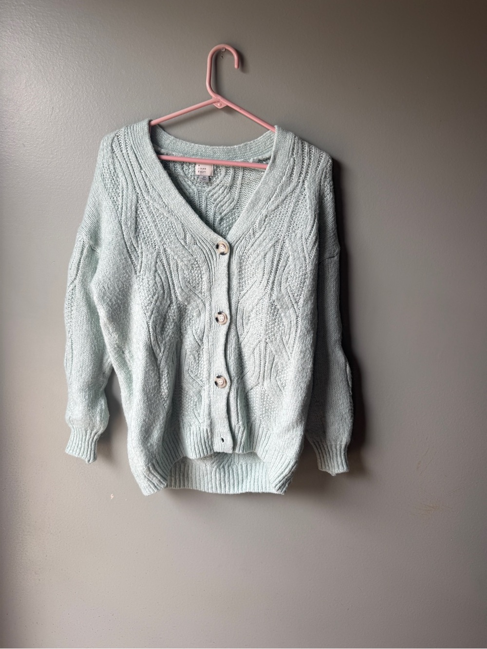 Women’s Cable Knit Cardigan Mint Green Button Front Cozy Cottagecore XS